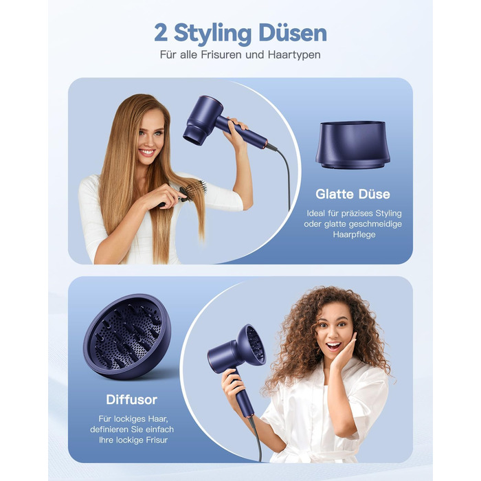 Іонний фен для волосся DEWILY 1800W з дифузором для кучерявого волосся, 3 температурні режими, 2 швидкості, компактний дорожній фен (блакитний)