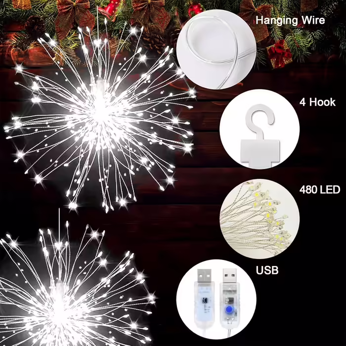 Гірлянда JIMACRO LED 4 шт. 120 LED, феєрверк, зірковий спалах, USB, 8 режимів, водонепроникна, з пультом, для вулиці та приміщення, біла, для Нового року, весілля, вечірки