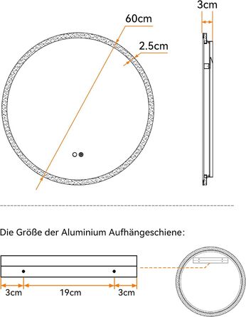 Дзеркало для ванної кімнати HOROW круглої форми з підсвічуванням, 80 см, LED, регулювання кольору світла (холодне, тепле, нейтральне), диммування, антизапар, без рами, IP44, енергозберігаюче (60x60 см)