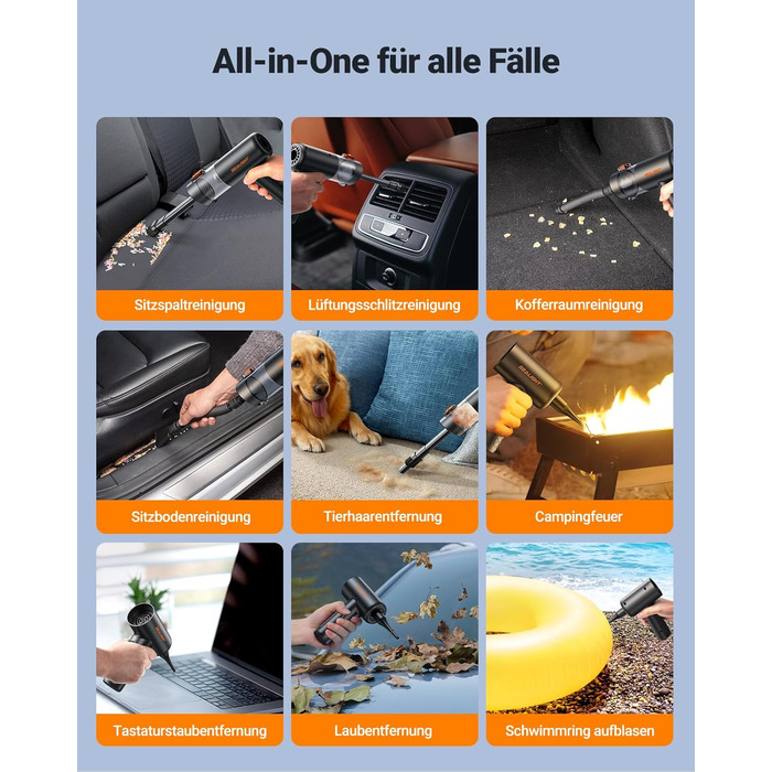 Акумуляторний ручний пилосмик SEALIGHT 32000Па, бездротовий автомобільний міні-пилосос 4-в-1 з безщітковим двигуном для шерсті тварин, авто та дому, темно-сірий матовий чорний