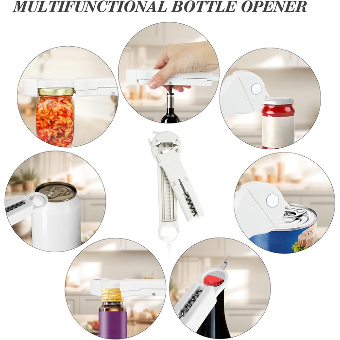 Набір відкривачів для пляшок та банок 7-в-1 для людей похилого віку з артритом, з магнітним механізмом, білий