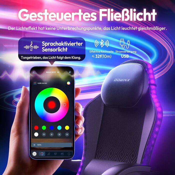 Ігровий крісло Dowinx з RGB підсвічуванням, LED крісло для геймерів з підніжкою, ергономічне крісло з масажем попереку, для дорослих, PU шкіра, білий (чорний)