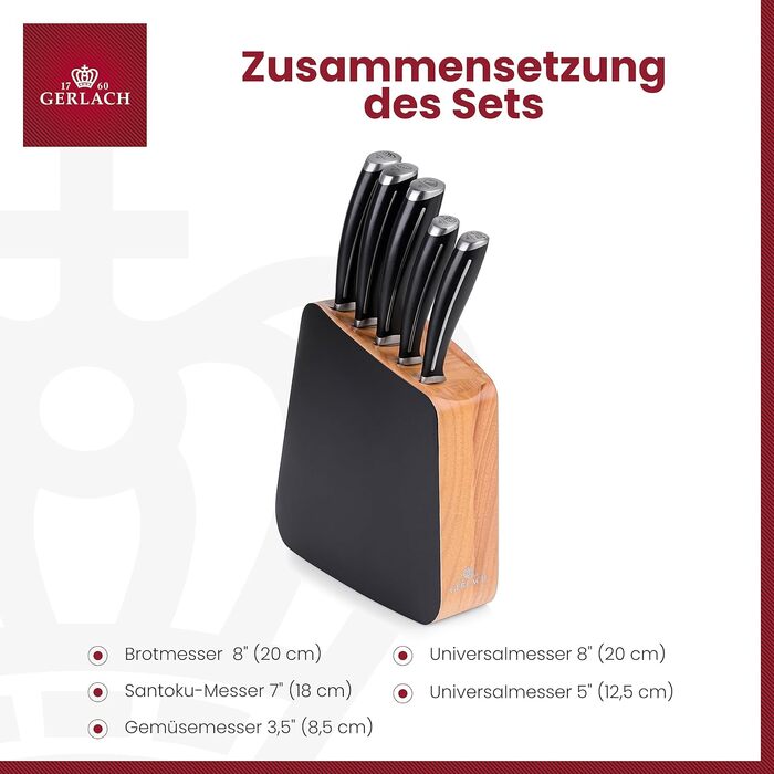 Набір кухонних ножів Gerlach 1760: 5 ножів (Santoku, для хліба, кухонні, для овочів) з нержавіючої сталі, антиковзна ручка, 55-56 HRC, Loft