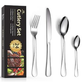 Набір столових приборів Ben & Bel на 6 осіб (24 шт.) з нержавіючої сталі: ножі, виделки, ложки, подарункова коробка, легкий догляд, безпечно для миття в посудомийній машині