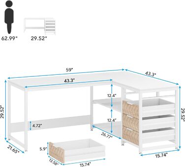 Кутовий стіл Tribesigns L-подібний з 4 висувними ящиками, 2 полицями, для офісу, кабінету, вітальні, 150x110x75 см (горіх & білий)