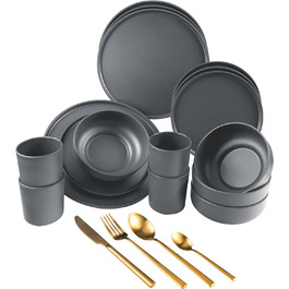 Набір похідного посуду з меламіну антрациту на 4 персони зі столовими приборами в золоті - 32 шт. и - Набір похідного посуду та столових приборів