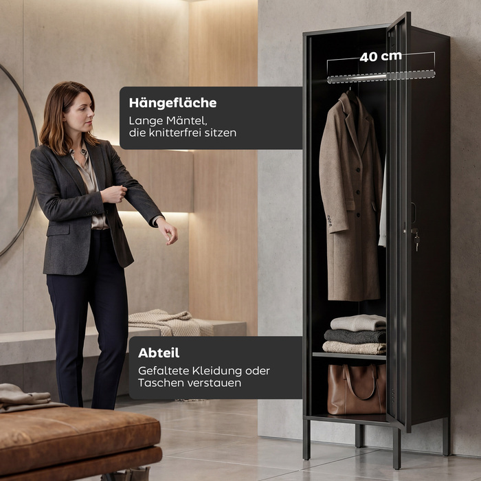 Сталевий шафка з замком та вішалкою для одягу, індивідуальна шафка зі сталі для дому або офісу, чорного кольору