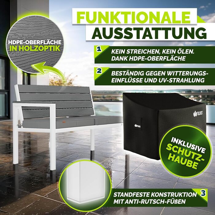 Садова лавка Tillvex® 3-4 місця з подушками та чохлом, вулична, стійка до погодних умов, деревоподібна, до 300 кг, сіро-біла (130 см)