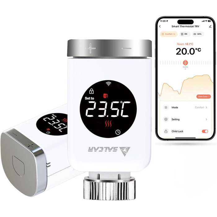 Розумний термостат для радіатора SALCAR TRV801W WiFi LCD, сумісний з Alexa та Google Home, Tuya Smart, 2 шт.