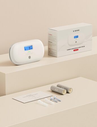 Детектор чадного газу X-Sense, сертифікований TÜV Rheinland, датчик на 10 років, з змінною батареєю та цифровим дисплеєм, кнопка тестування, автономний, білий