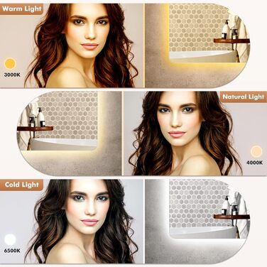 Дзеркало Bellanny LED з підсвічуванням 60 см | Настінне дзеркало для ванної кімнати, комодний дзеркало | Дзеркало для макіяжу з сенсорним вимикачем, 3 кольори світла, регульована яскравість, проти запотівання, IP44, горизонтальне/вертикальне (прямокутне -