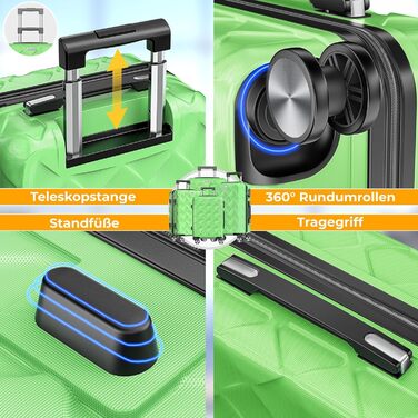 Набір дорожніх валіз KESSER з ABS-пластику, 4 предмети: жорсткі валізи з кодовим замком, вагами та гаманцем, колеса 360°, колір Apple Green