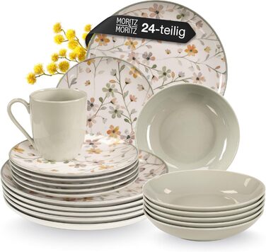 Набір посуду Moritz & Moritz PRIMAVERA з кераміки на 6 осіб (24 шт.) - сучасний сервіз з ігровим дизайном, легкий у догляді, включає тарілки, чашки та миски
