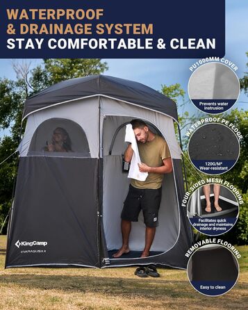 Намет для душу KingCamp великого розміру для кемпінгу, роздягальня, портативний укриття, душ, приватність, одно-/двомісний, 200 x 105 x 203 см, чорний/сірий