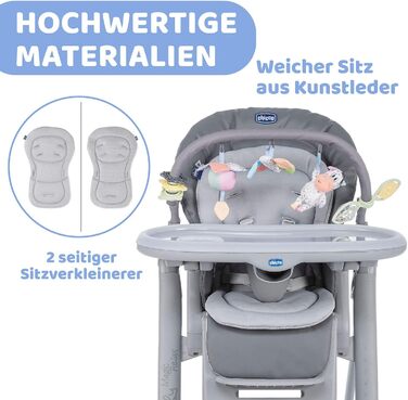 Високий стільчик Chicco Polly Magic Relax з іграшковим столом та зменшувачем для новонароджених, 8 положень по висоті, 4 колеса, Made in Italy, графітовий колір