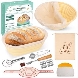 Набір для бродіння тіста Brotgar з силікону (23см круглий & 25см овальний) – для закваски, з лопаткою, ніжчиком, тканиною для бродіння – складний, гігієнічний, для початківців та професіоналів (10шт)