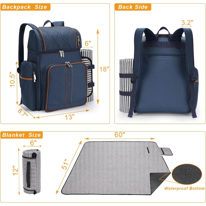 Набір для пікніка на 4 особи: рюкзак, корзина, ізотермосумка, ковдра, для кемпінгу та парку (темно-синій)