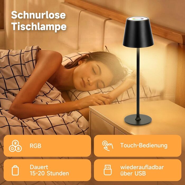 Бездротові LED-лампи настільні, 2 шт. з регулюванням яскравості, 3000K та RGB, перезаряджаються через USB-C, вологостійкі, 5500mAh (Чорний)
