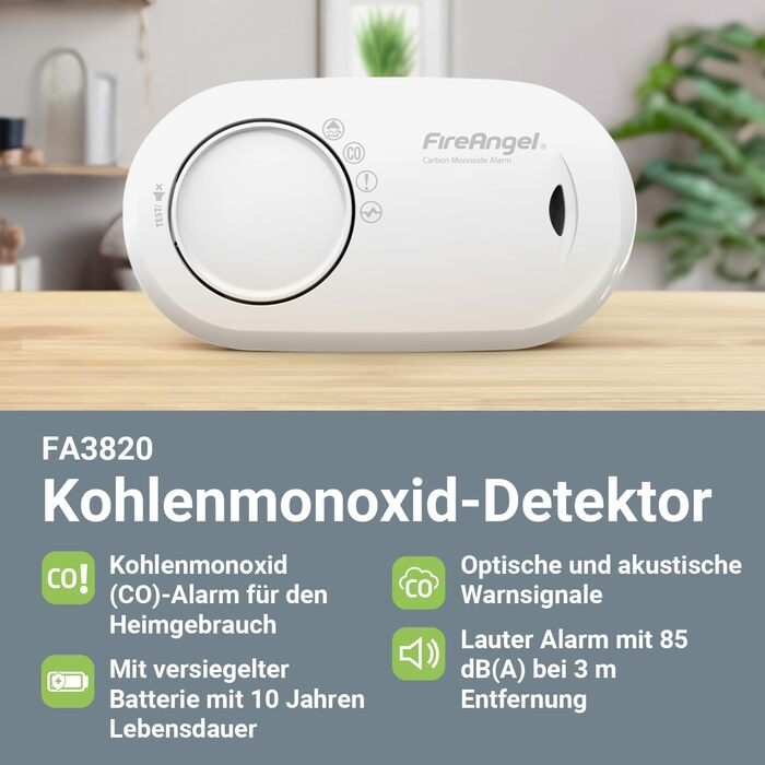 Детектор чадного газу Fire Angel FA3820 з батареєю на 10 років - для дому та подорожей, портативний CO-детектор та сповіщувач, білий