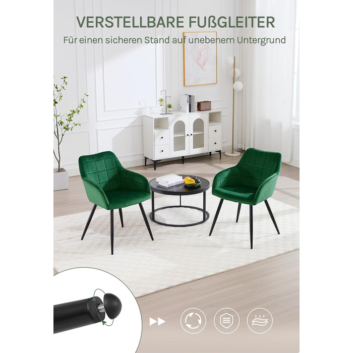 Крісла для їдальні WOLTU, крісла для кухні, м'які крісла з підлокітниками, 8 шт., темно-зелений, з велюровою оббивкою та металевими ніжками