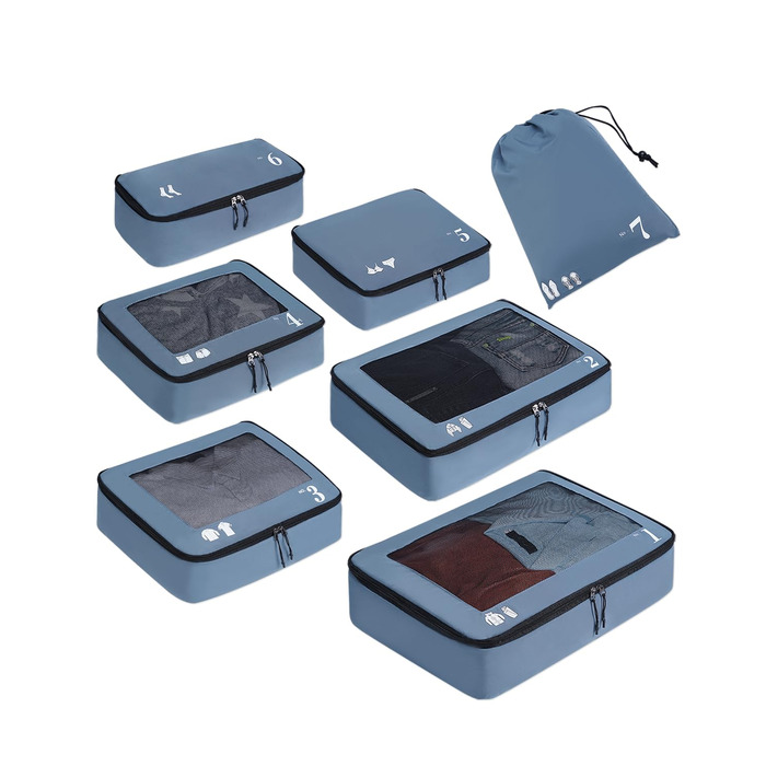 Набір органайзерів для валізи та рюкзака ECOHUB, 7 предметів, дорожні сумки-пакувальники з переробленого PET-пластику (Синій)