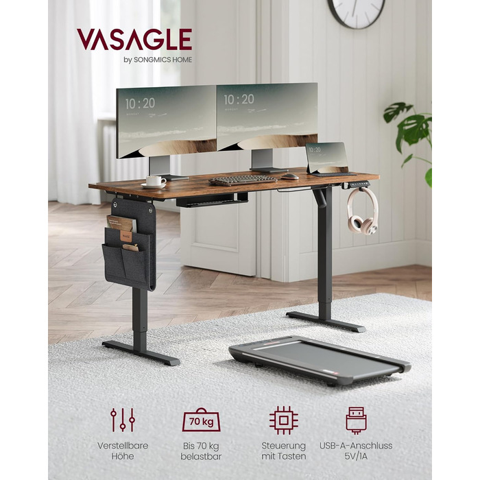 Електричний регульований стіл VASAGLE, 60 x 140 см, висота 72-120 см, 4 пам'яті, vintage brown, LSD174X01