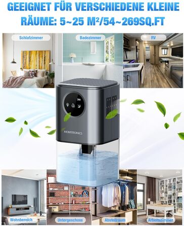 Зволожувач повітря Homtronics 1700 мл, електричний, портативний, тихий, з 7 кольорами підсвічування, автоматичне вимкнення, для ванної, спальні, шафи, офісу (сірий)