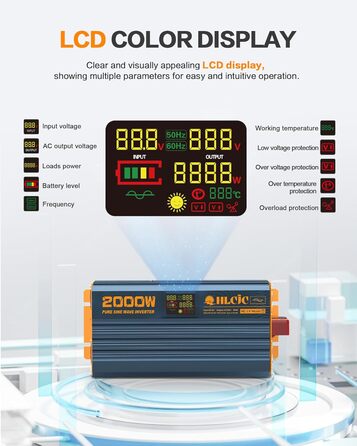 Інвертор потужністю 2000 Вт Чиста синусоїда постійного струму від 12 В до 230 В змінного струму з 2 розетками для зарядки змінного струму Автомобільні та сонячні перетворювачі енергії для транспортних засобів та дому РК-дисплей та USB-порти для зарядки 2.
