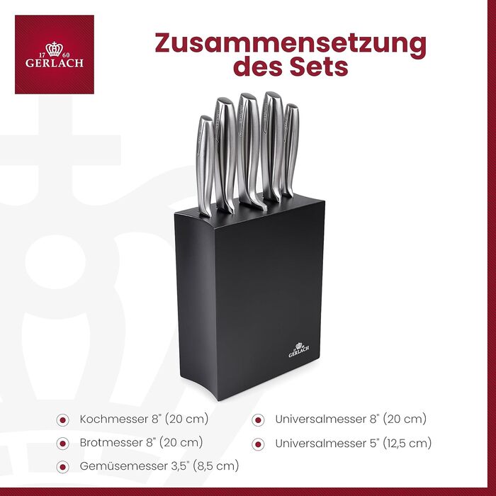 Набір кухонних ножів Gerlach Modern: 5 ножів у блоці з нержавіючої сталі. Кухонні ножі, блендер, ніж для хліба, ніж для овочів, кухонні аксесуари