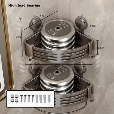 Полка для душу Voldra без свердління, кутова полиця для ванної кімнати з присосками, металева полиця для душу з тримачем для рушників (2 шт., сірий)
