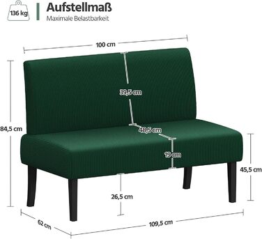 Диван-лавка Yaheetech на 2 місця, зелений, без підлокітників, для вітальні/коридору/офісу