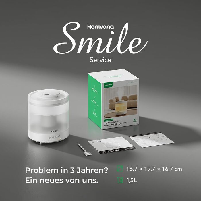 Зволожувач повітря Homvana для спальні 1.5л, ультразвуковий, з аромадифузором для ефірних олій, LED, BPA-Free