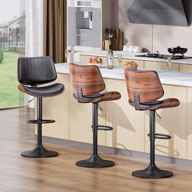 Набір з 2 барних стільців GIKPAL з дерев'яною спинкою та шкіряним сидінням, обертаються, чорний