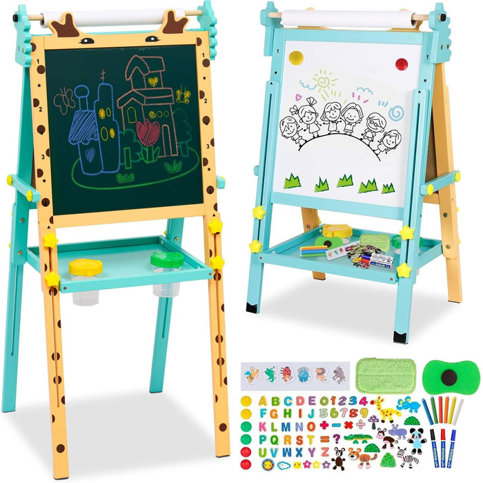 Дитячий мольберт Kinder с паперовою рулеткою, двосторонній, регульований по висоті, дошка для малювання маркерами та крейдою, мольберт для стоячи з цифрами та аксесуарами, мольберт для малювання для малюків, хлопчиків та дівчаток