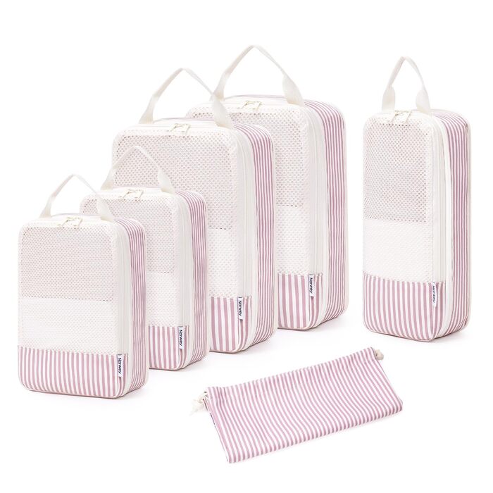 Набір органайзерів для валізи та рюкзака Narwey, 6 шт, компресійні пакувальні куби для подорожей (Рожеві смужки)