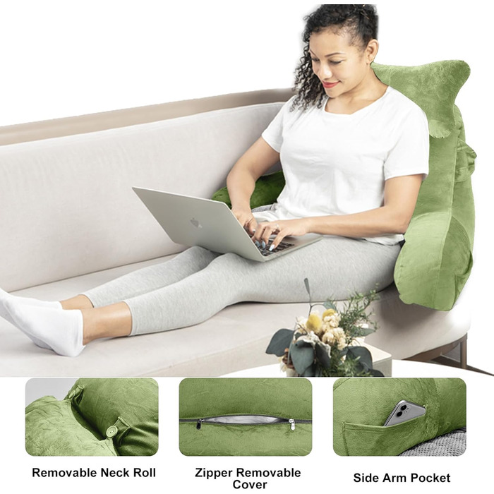 Підлогове крісло-мішок для читання в ліжку, диван для дорослих, подушка для спини з кишенею, крісло для ліжка, читання, перегляду телевізора, ігор (зелене)