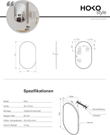 Дзеркало настінне овальне HOKO Design 45x75 см з металевим каркасом матовий чорний. Можлива вертикальна та горизонтальна установка. Для ванної кімнати, коридору, спальні.