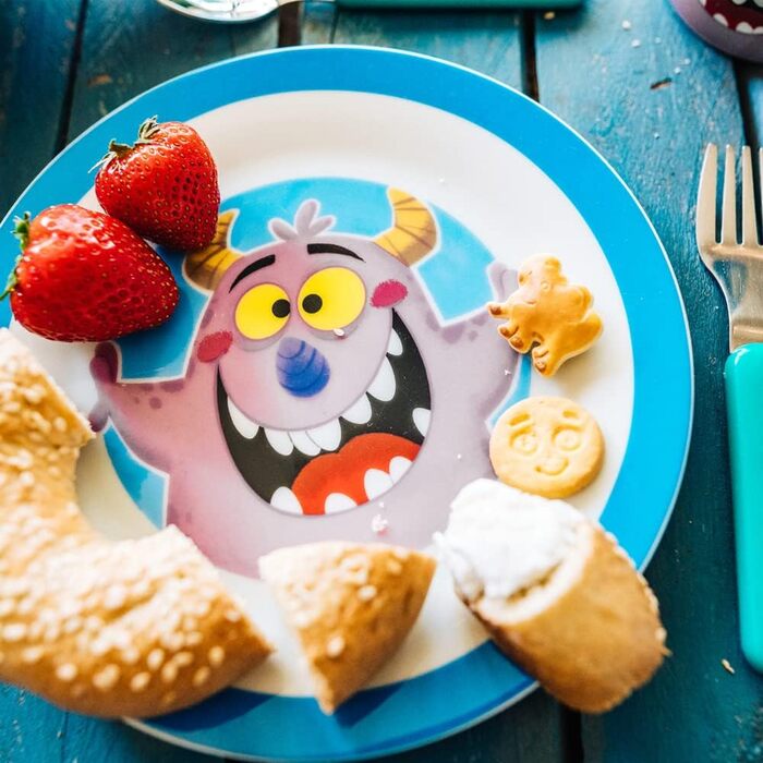 Набір дитячого посуду BIOZOYG з порцеляни (3 шт.): тарілка, чашка, миска. Безпечний, миється в посудомийній машині. Чудовий подарунок для дітей з веселим дизайном (монстр).