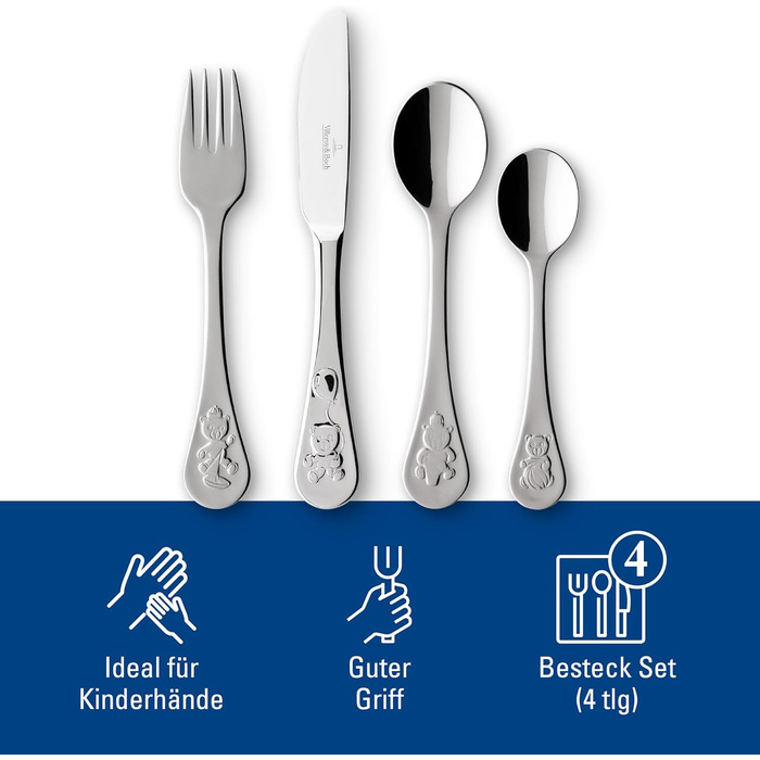 Дитячий столовий набір Villeroy & Boch Teddy, 4 шт., нержавіюча сталь 18/10, срібний, 21,5 x 15 x 2,5 см