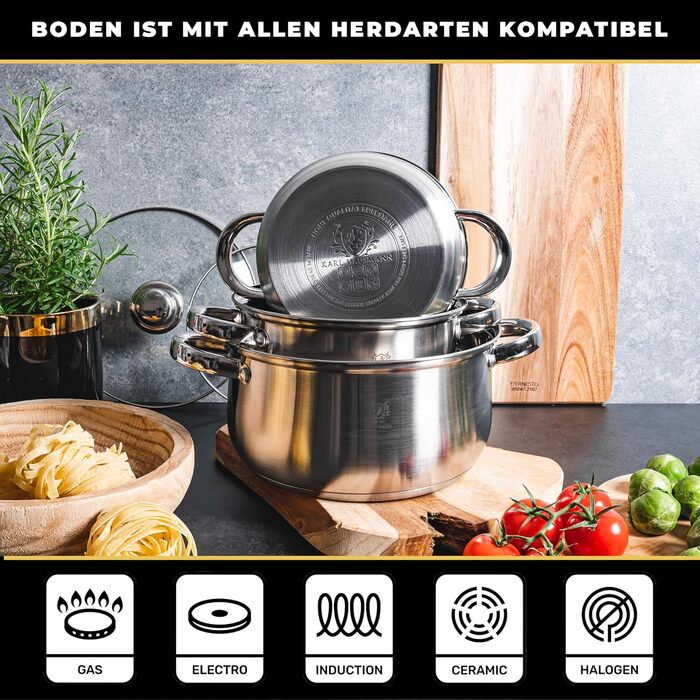 Набір каструль Karl Hausmann з нержавіючої сталі (індукційні) 3 шт. - для всіх типів плит - з кришкою з термостійкого скла - з мірною шкалою