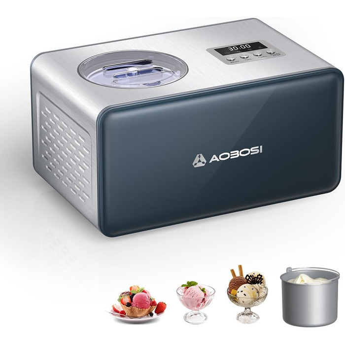 AAOBOSI Морозивниця 1,6 л з компресором, 4 режими, 3-в-1, домашня електрична машина для морозива, фрозен-йогурту та сорбету, нержавіюча сталь, цифровий дисплей, таймер, без попереднього заморожування