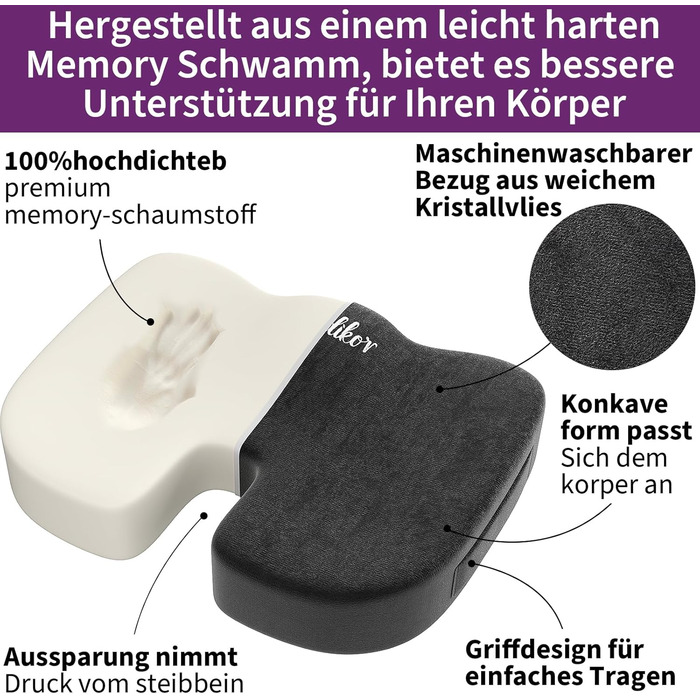Ортопедична подушка на сидіння для копчика та стегон, ергономічна подушка для офісного крісла та авто з ефектом пам'яті (Memory Foam), протиковзкою основою, чорна