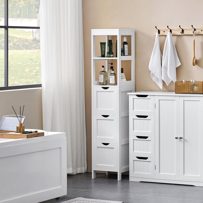 Шафа у ванну кімнату Yaheetech з 3 висувними ящиками та 2 відкритими полицями, 30 x 30 x 142 см, біла