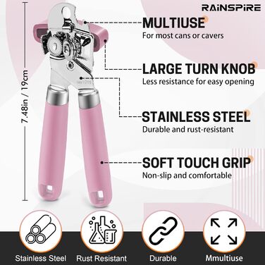 Відкривач консерв Rainspire: ручний, міцний, з плавним зрізом, з відкривачем пляшок, рожевий