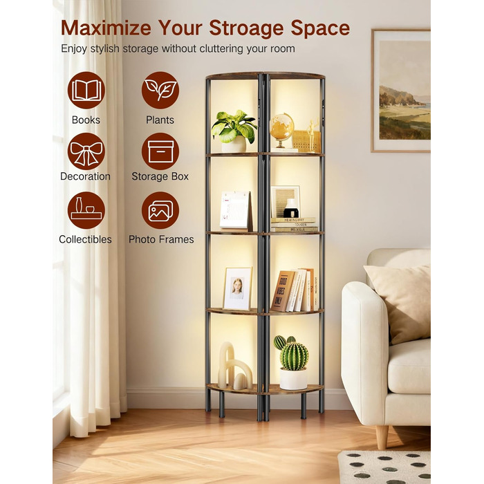 Світлодіодна торшер-полиця з регульованою яскравістю та кольором, пульт ДУ, 5 полиць, кутова, для вітальні, спальні, офісу (Rustikales Braun)