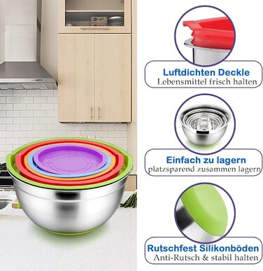 Набір мисок Herogo (6 шт.) з нержавіючої сталі з кришками, 6,7л/3,3л/2,5л/1,5л/1,2л/0,7л. Складаються, для приготування, випічки та зберігання. Можна мити в посудомийній машині (кольорові)