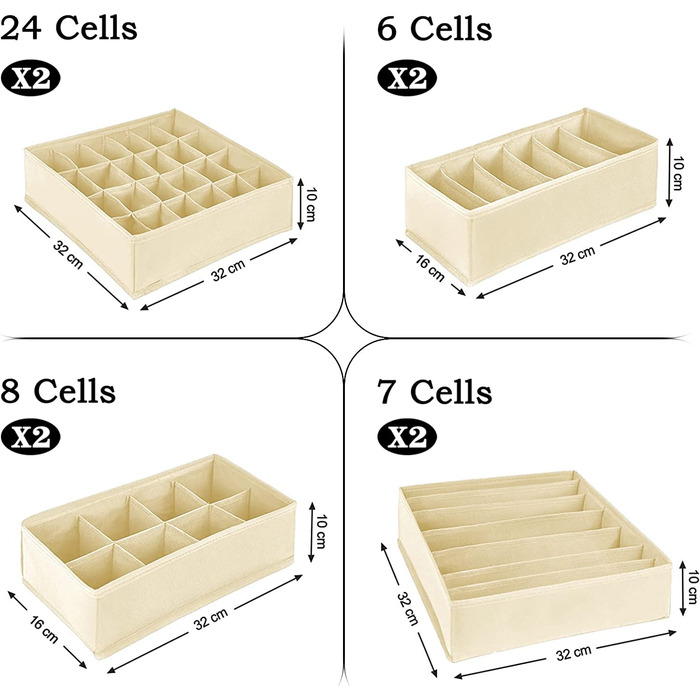 Осередки ящики для зберігання шкарпеток і нижньої білизни, складні ящики, роздільники ящиків, ящики Органайзер тканинні коробки для зберігання шкарпеток,шарфів, краваток(сірий) (набір з 8 бежевих), 3 шт., 24