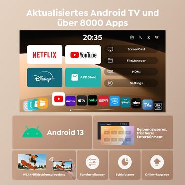 Портативний проєктор Mini Beamer 4K з підтримкою Android 13, WiFi 6, Bluetooth 5.4 та обертанням 270°. Підходить для домашнього кінотеатру, використання на вулиці та підключення до HDMI, Android, iOS, PC, USB. Автоматична корекція трапеції. Білий колір.