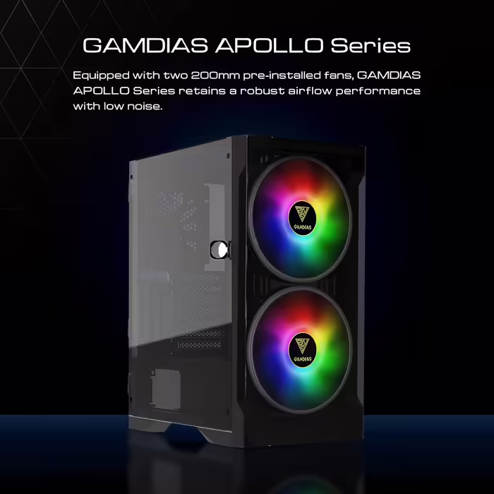 Ігровий корпус GAMDIAS Apollo E2 Elite, Mid-Tower ATX, загартоване скло, 3x 200 мм ARGB вентилятори, безінструментальна установка, підтримка плат до ATX
