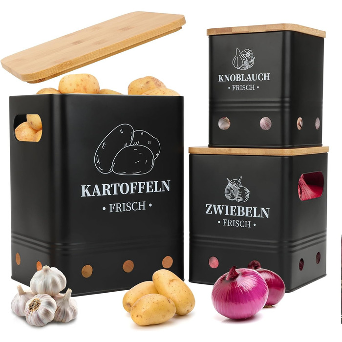 Набір контейнерів для зберігання картоплі, цибулі та часнику, 3 шт. з бамбуковим кришками, чорного кольору. Зберігає овочі свіжими довше, стійкий, складений.